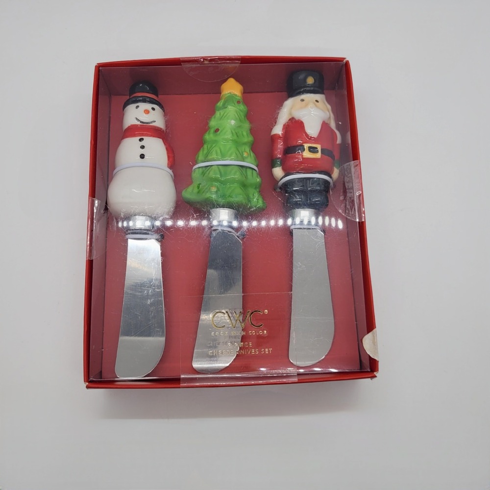 Cook With Color Christmas Cheese Knife Set 3pc Snowman Tree Nutcracker NEW